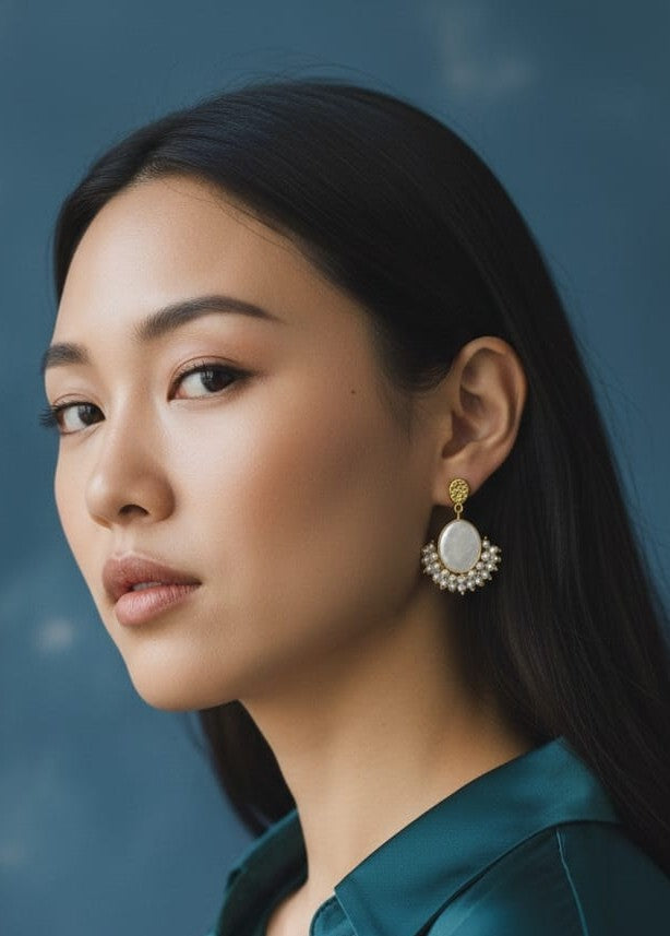 Premium Pearl Drop Oval shape Statement Earrings - Handcrafted Brass