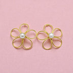 Premium Pearl Five Petal Flower Style Statement Earrings - Handcrafted Brass