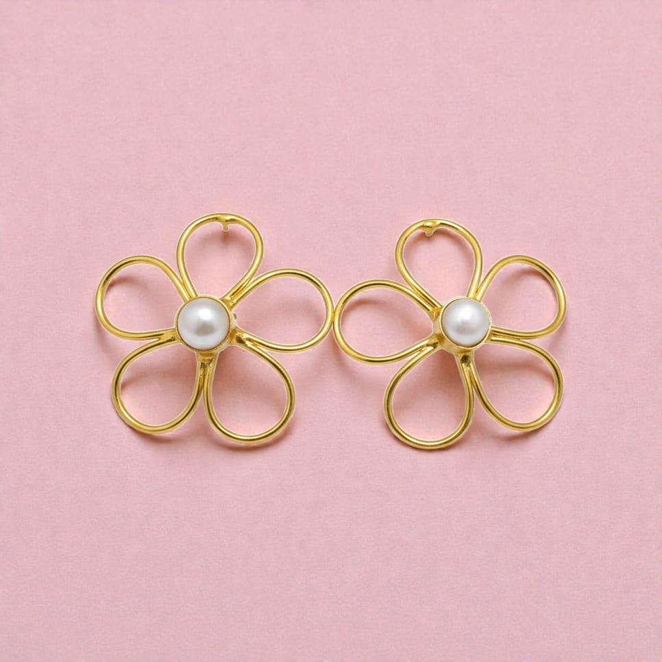 Premium Pearl Five Petal Flower Style Statement Earrings - Handcrafted Brass