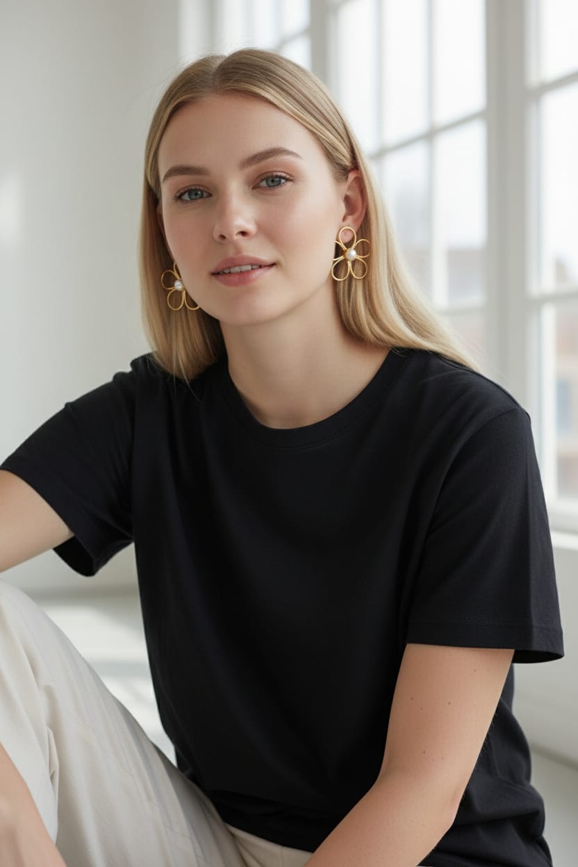 Premium Pearl Five Petal Flower Style Statement Earrings - Handcrafted Brass
