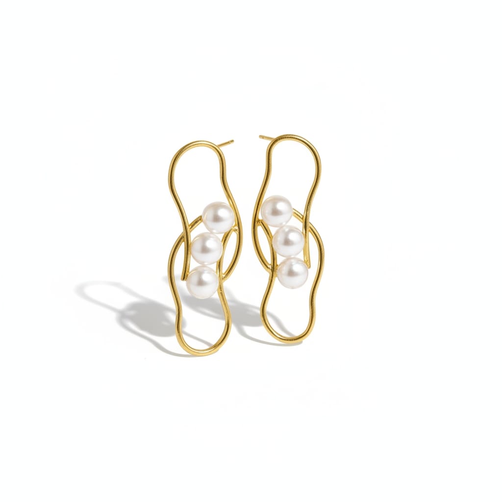 Premium Pearl Wavy Style Statement Earrings - Handcrafted Brass