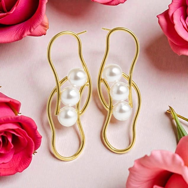 Premium Pearl Wavy Style Statement Earrings - Handcrafted Brass