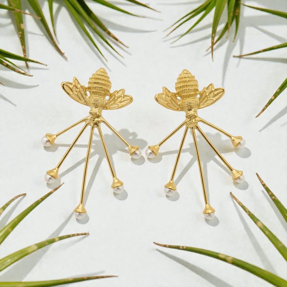 Premium Pearl Insect Style Statement Earrings - Handcrafted Brass