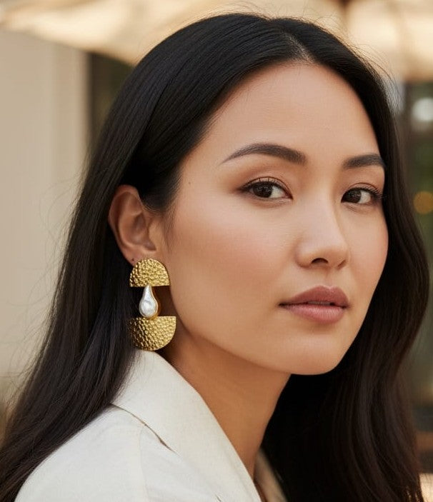 Natural Stone lamp Style Statement Earrings - Handcrafted Brass