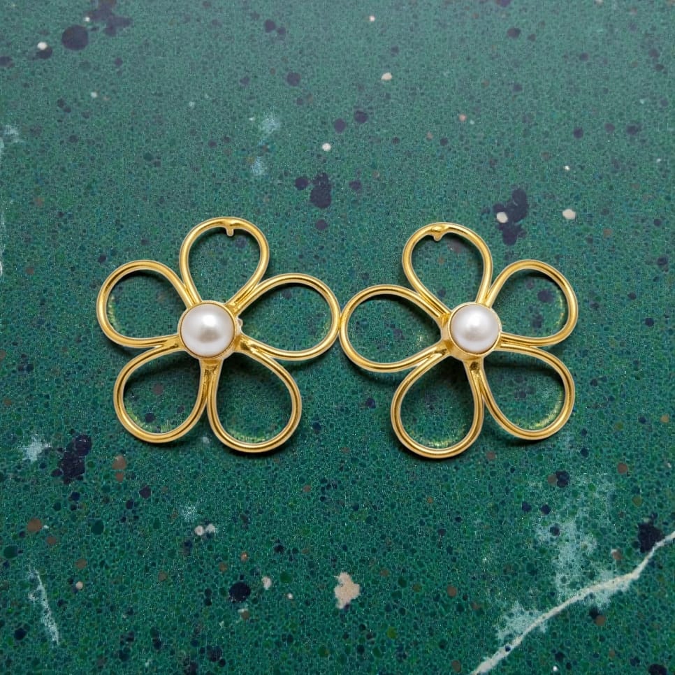 Premium Pearl Five Petal Flower Style Statement Earrings - Handcrafted Brass