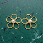 Premium Pearl Five Petal Flower Style Statement Earrings - Handcrafted Brass