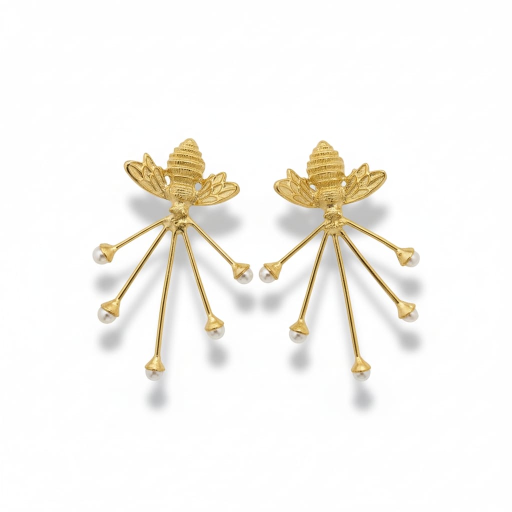 Premium Pearl Insect Style Statement Earrings - Handcrafted Brass