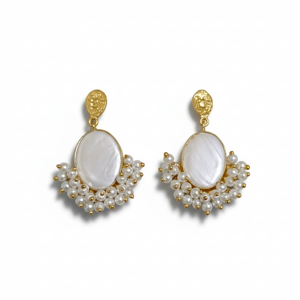 Premium Pearl Drop Oval shape Statement Earrings - Handcrafted Brass