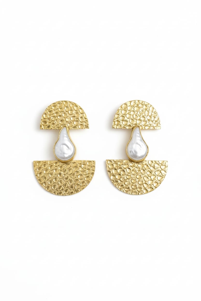 Natural Stone lamp Style Statement Earrings - Handcrafted Brass