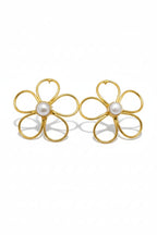 Premium Pearl Five Petal Flower Style Statement Earrings - Handcrafted Brass