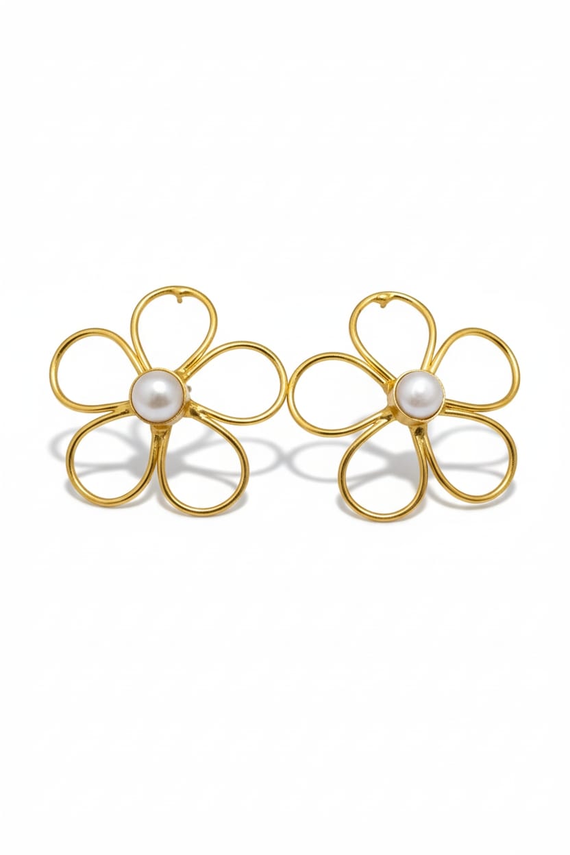 Premium Pearl Five Petal Flower Style Statement Earrings - Handcrafted Brass