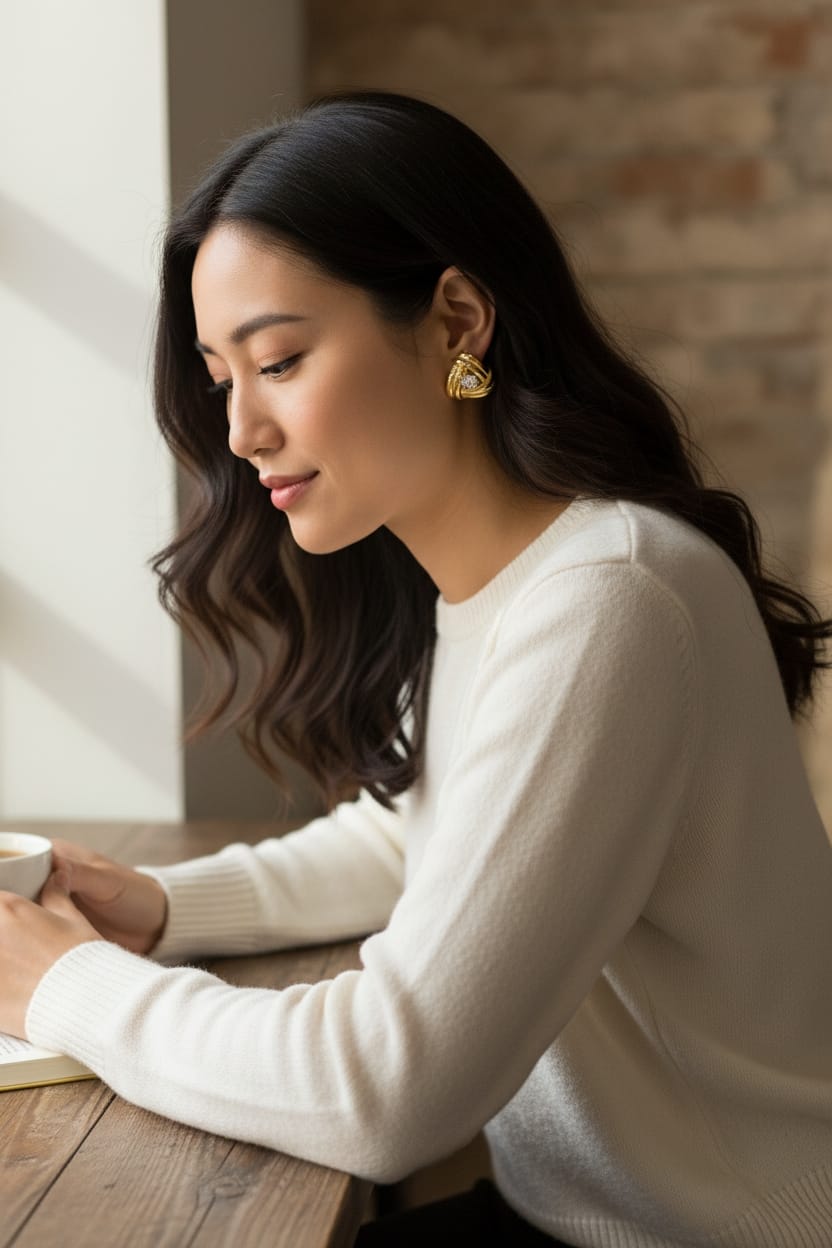 A woman with long dark hair sits at a wooden table, wearing a white knit sweater and a gold geometric stud earring. She is looking down, with a white mug partially visible in her hand, against a background of a light wall and a rustic brick wall.