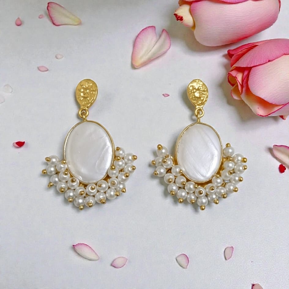 Premium Pearl Drop Oval shape Statement Earrings - Handcrafted Brass