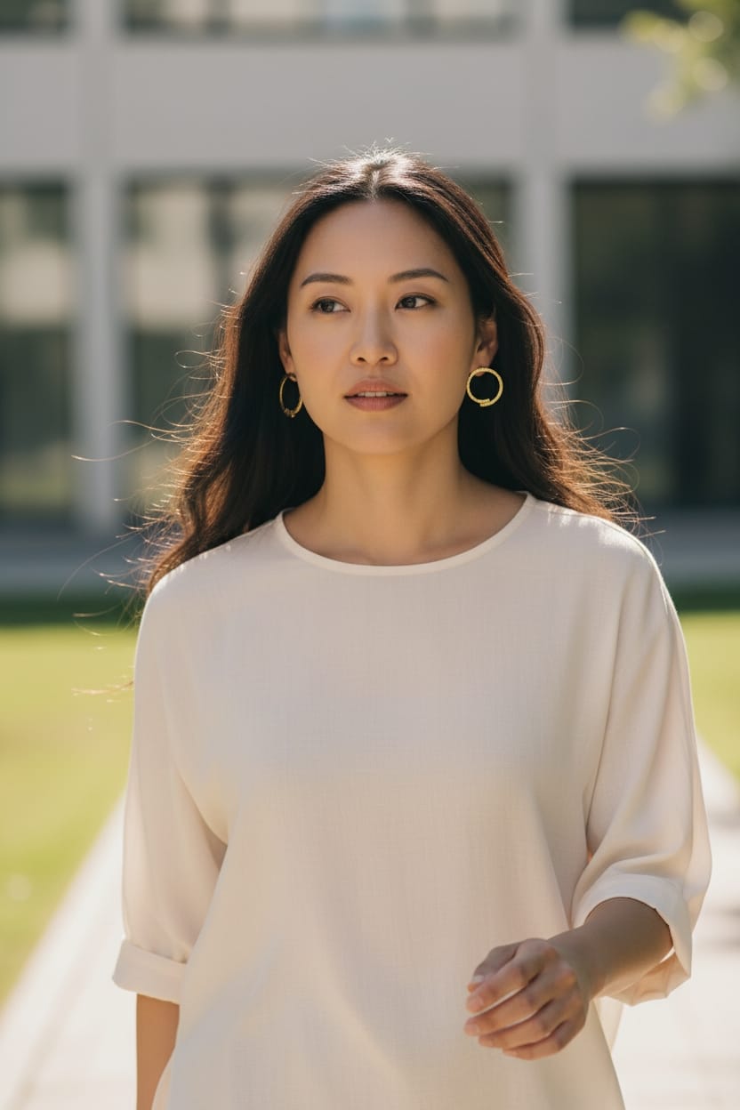 A woman with long dark hair wearing a cream-colored short-sleeve top and gold hoop earrings, standing outdoors in front of a blurred modern building.