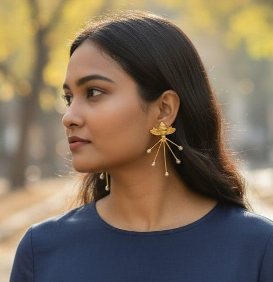 Premium Pearl Insect Style Statement Earrings - Handcrafted Brass