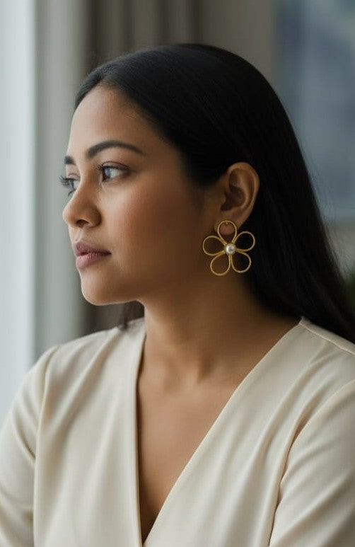 Premium Pearl Five Petal Flower Style Statement Earrings - Handcrafted Brass