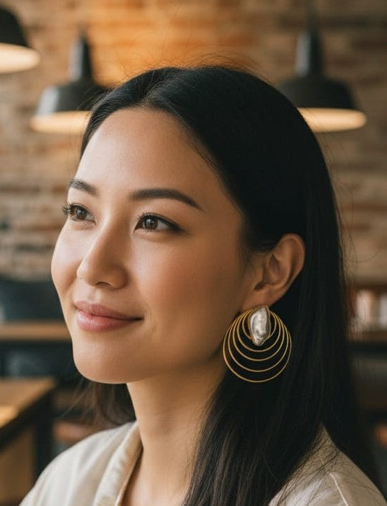 Natural Stone Spring Style Statement Earrings - Handcrafted Brass