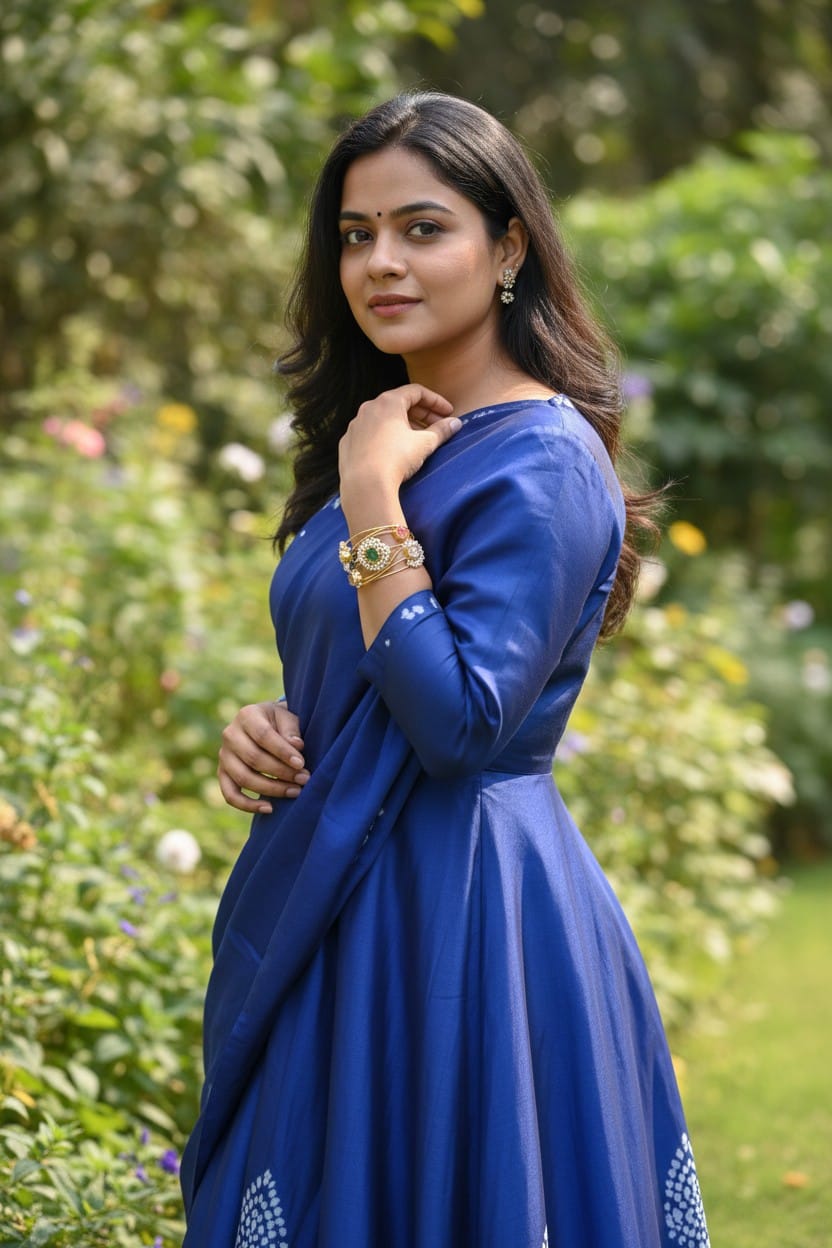 A woman wearing a royal blue long-sleeve kurta with a matching dupatta, standing in a lush green garden.