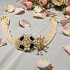 Multi-Strand Pearl Necklace with Statement Floral Motif - Handcrafted Brass
