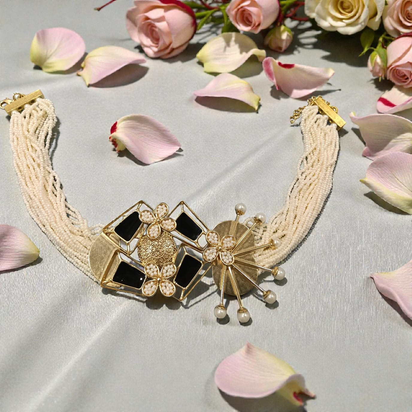 Multi-Strand Pearl Necklace with Statement Floral Motif - Handcrafted Brass
