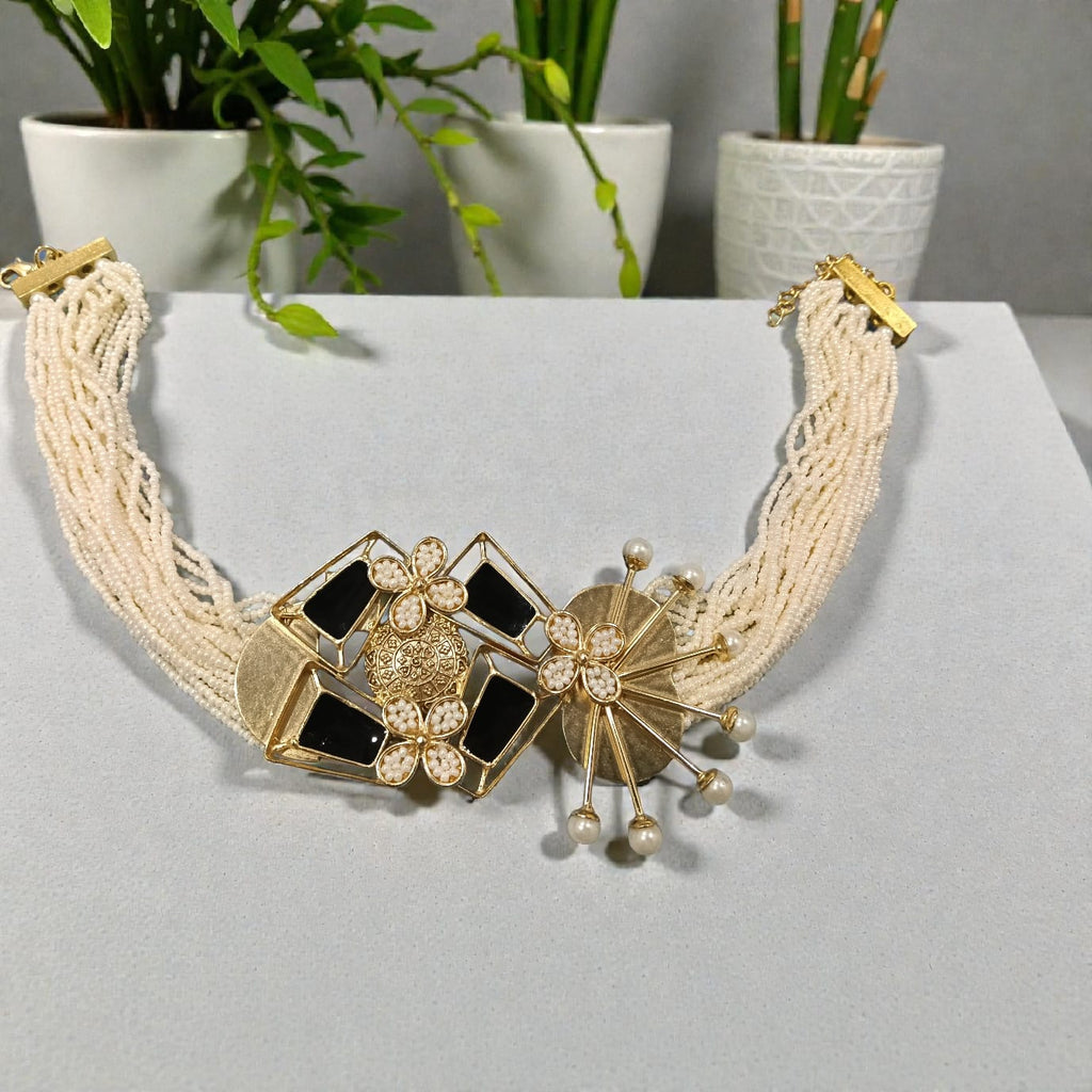 Multi-Strand Pearl Necklace with Statement Floral Motif - Handcrafted Brass
