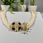 Multi-Strand Pearl Necklace with Statement Floral Motif - Handcrafted Brass