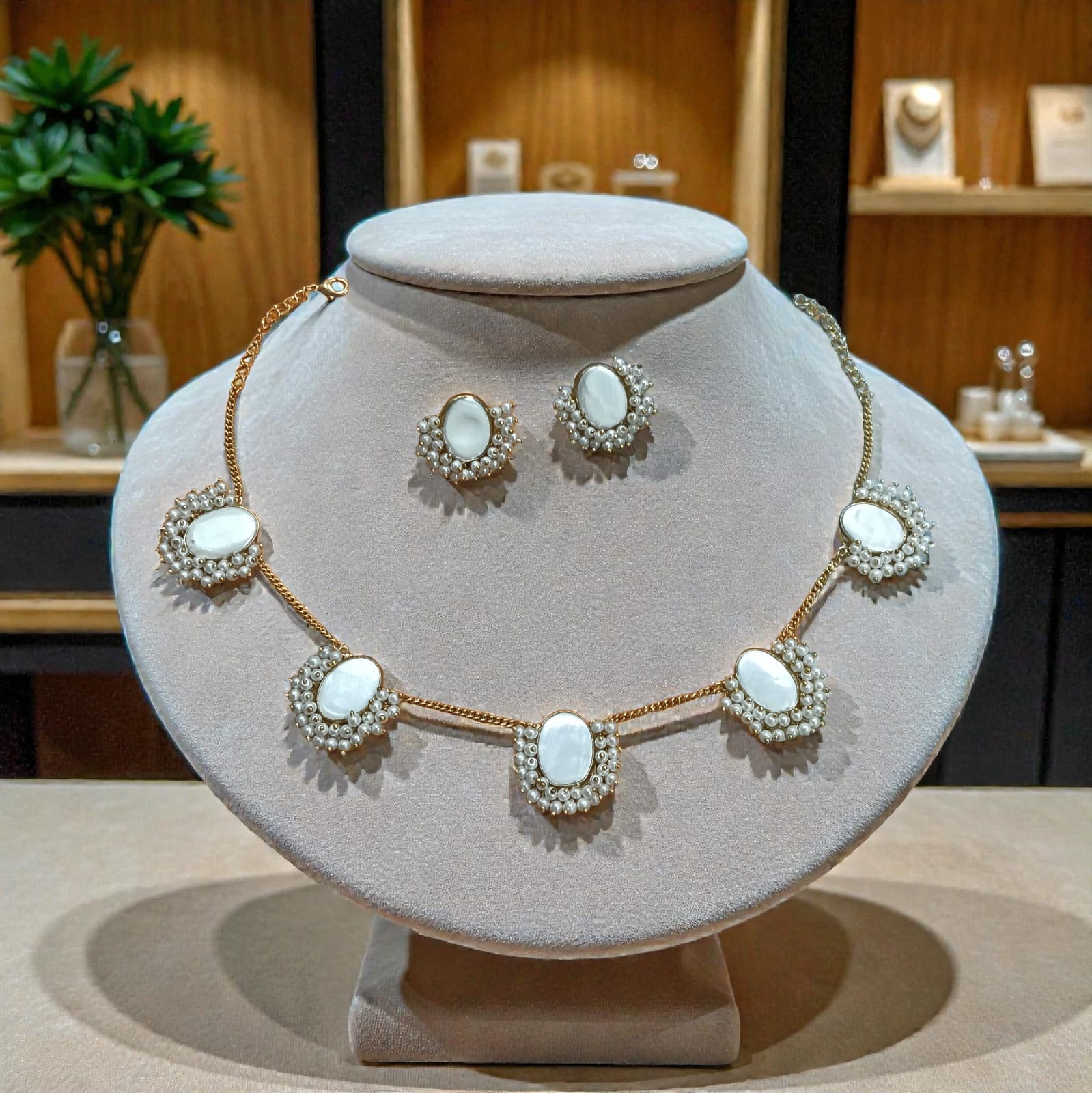 Necklace and Earrings Set with Pearl Detailing - Handcrafted Brass