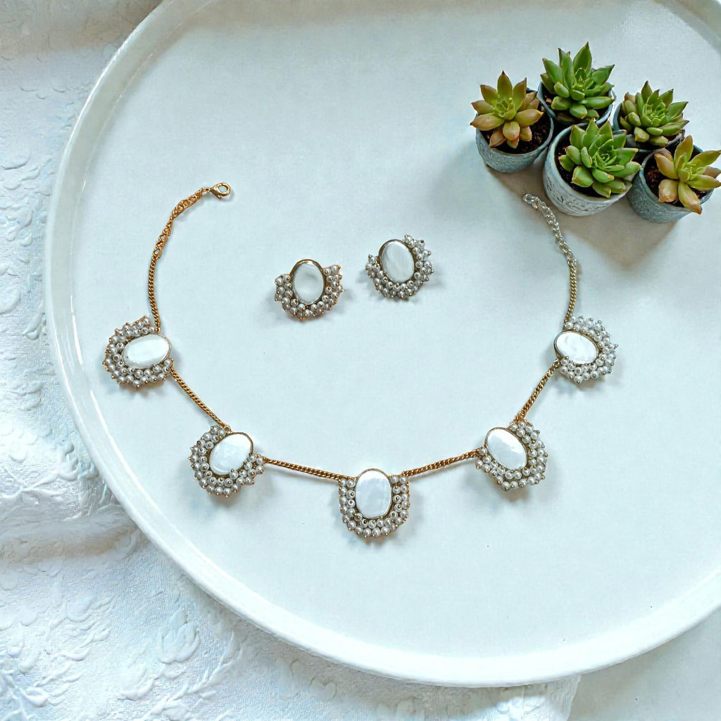 Necklace and Earrings Set with Pearl Detailing - Handcrafted Brass