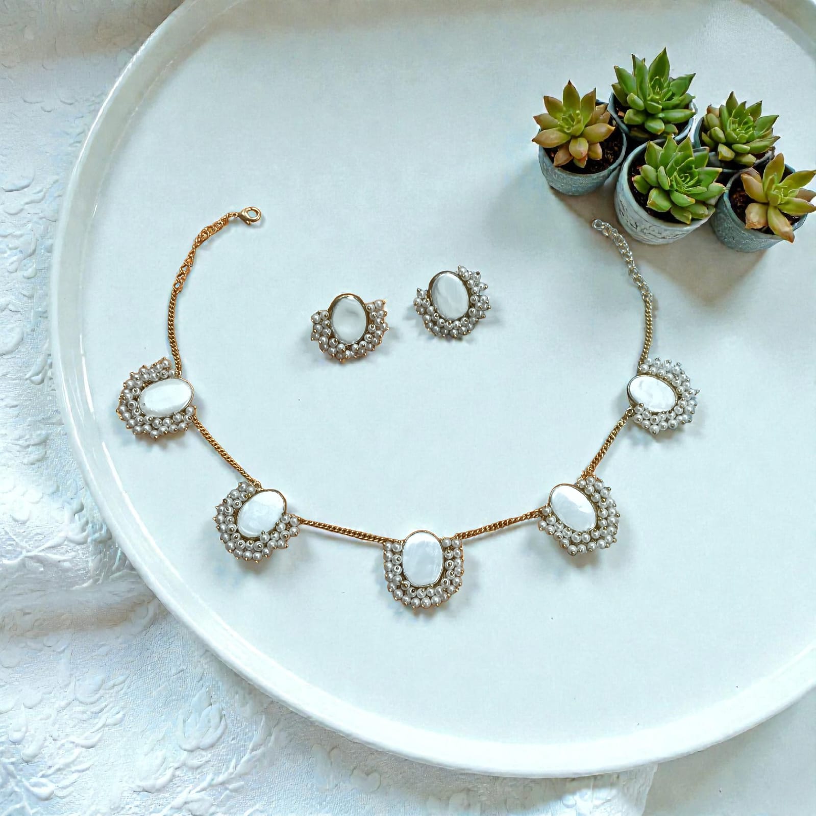 Necklace and Earrings Set with Pearl Detailing - Handcrafted Brass