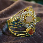 Cuff Bracelet with Pearls and Natural Stones - Handcrafted Brass