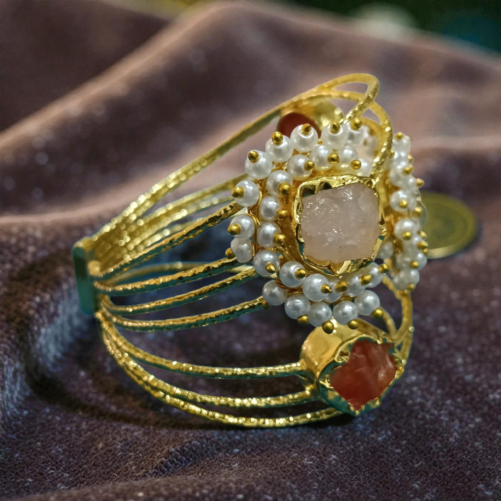 Cuff Bracelet with Pearls and Natural Stones - Handcrafted Brass