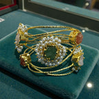 Cuff Bracelet with Pearls and Natural Stones - Handcrafted Brass