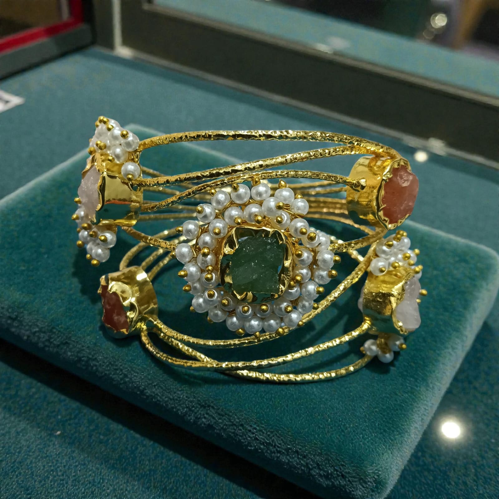 Cuff Bracelet with Pearls and Natural Stones - Handcrafted Brass