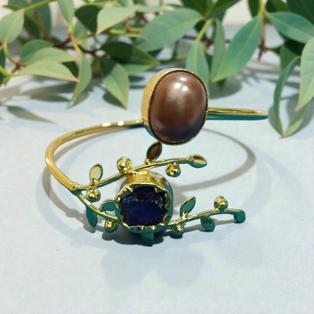 Open Cuff Bracelet with Natural Stones - Handcrafted Brass