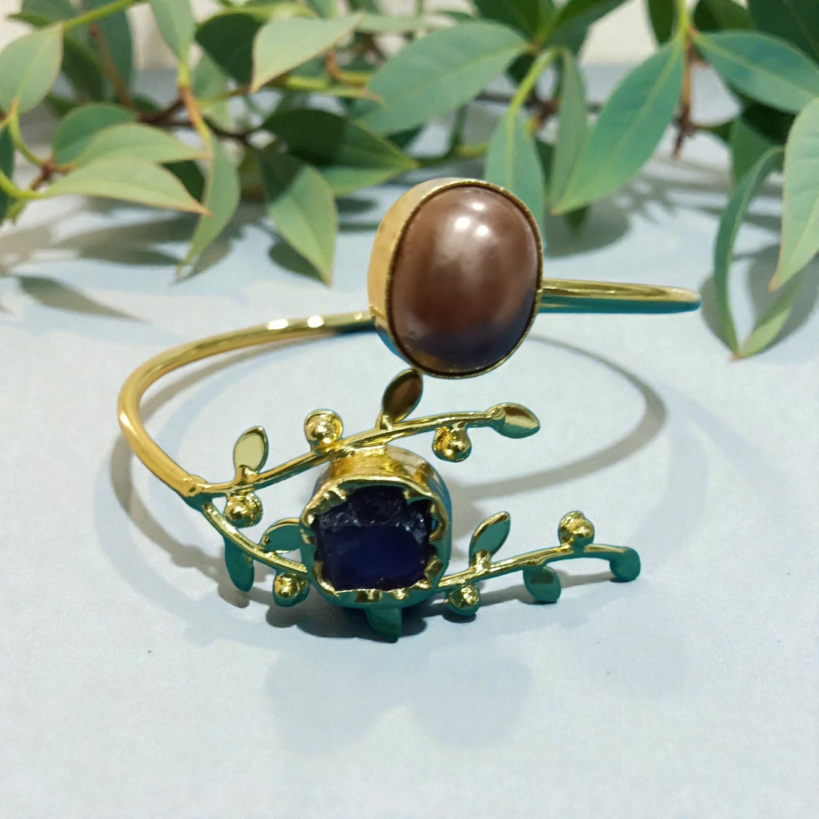 Open Cuff Bracelet with Natural Stones - Handcrafted Brass