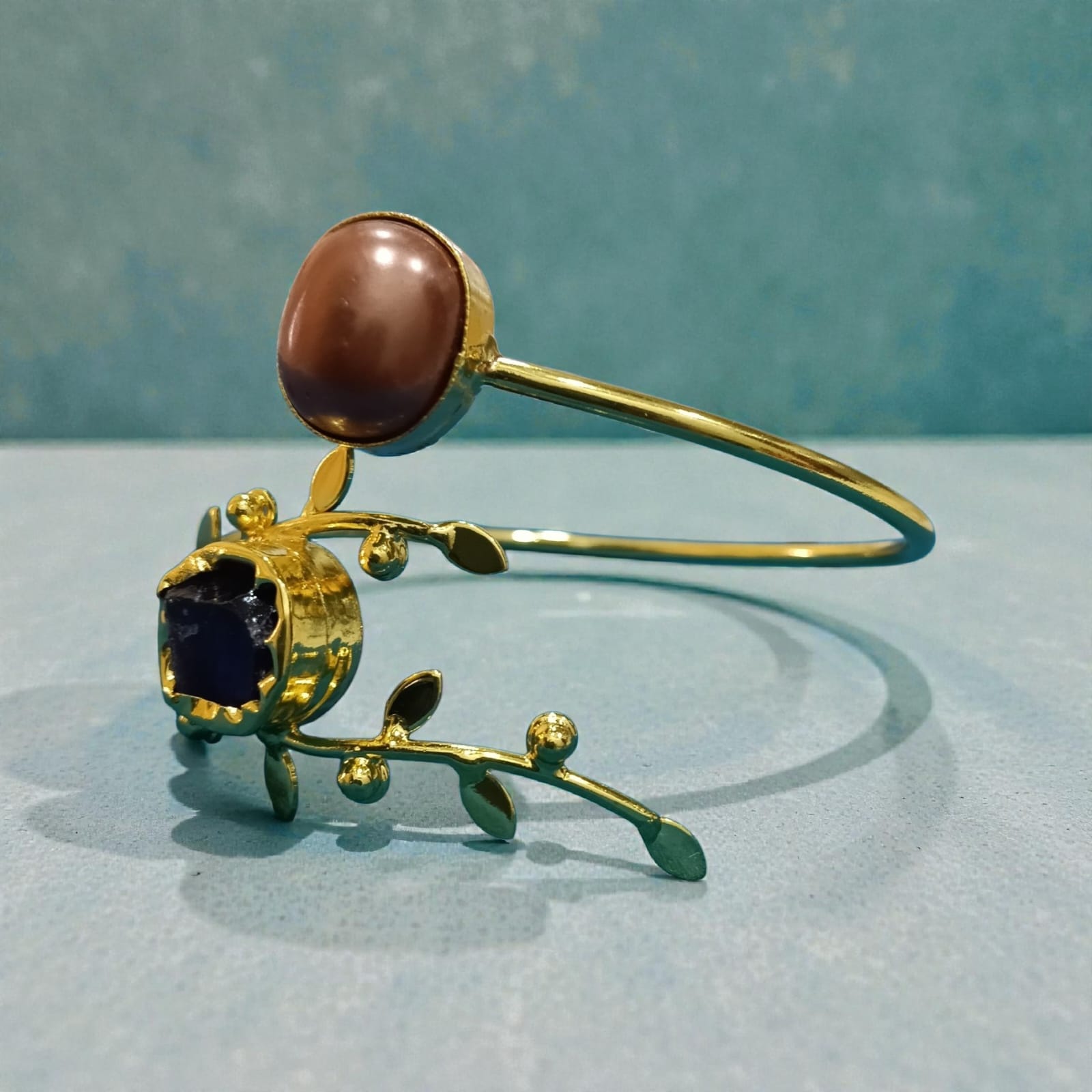 Open Cuff Bracelet with Natural Stones - Handcrafted Brass