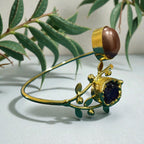 Open Cuff Bracelet with Natural Stones - Handcrafted Brass