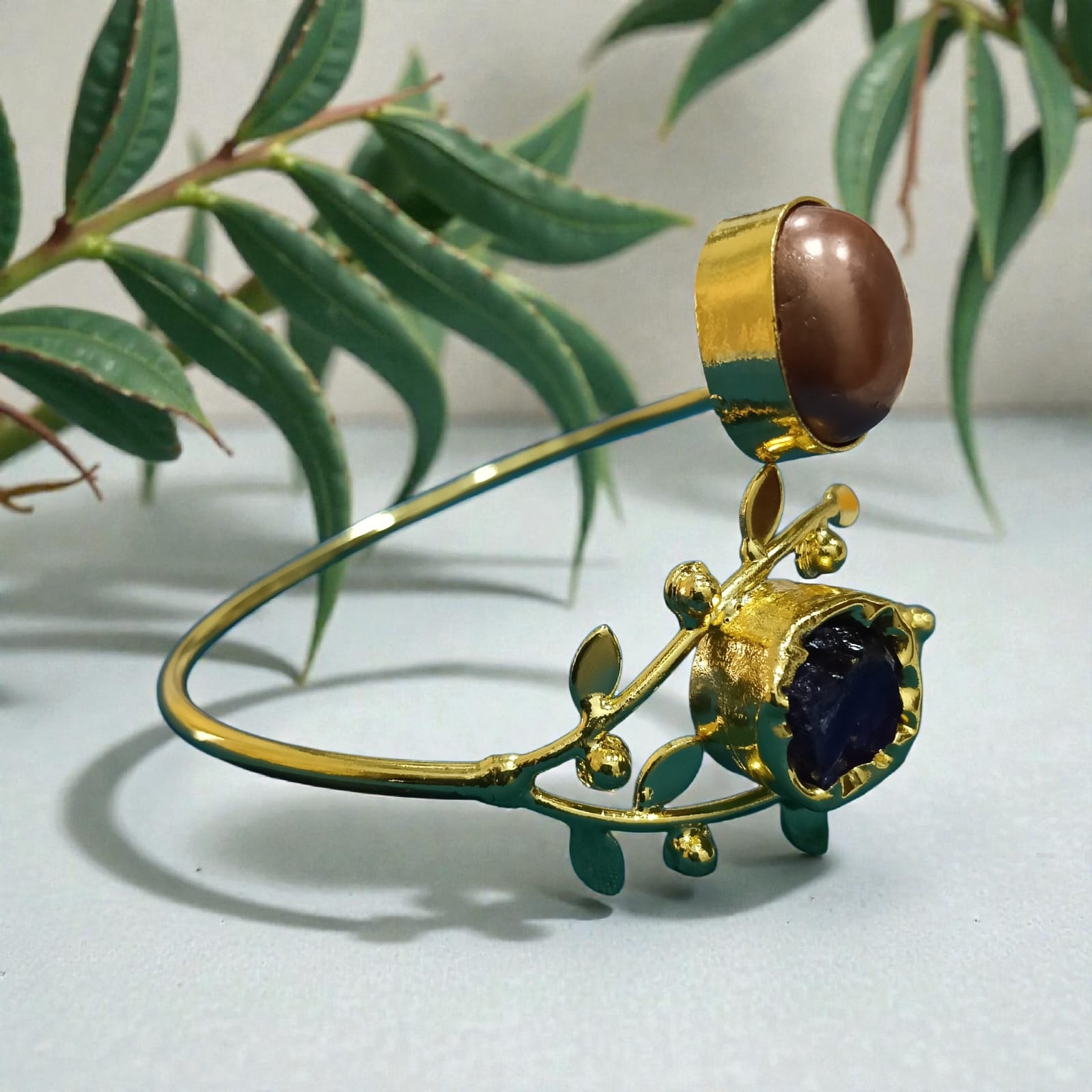 Open Cuff Bracelet with Natural Stones - Handcrafted Brass