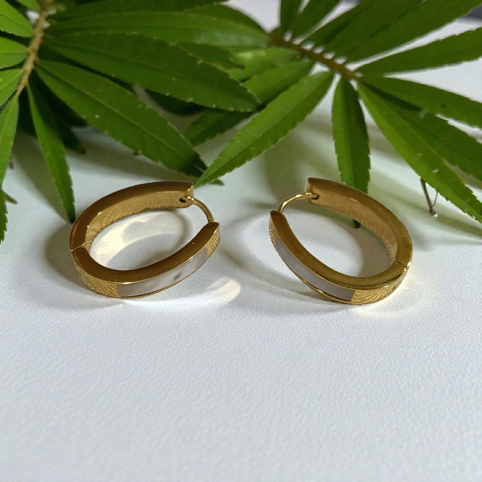Hoop Earrings with White Inlay - 18K Gold Plated