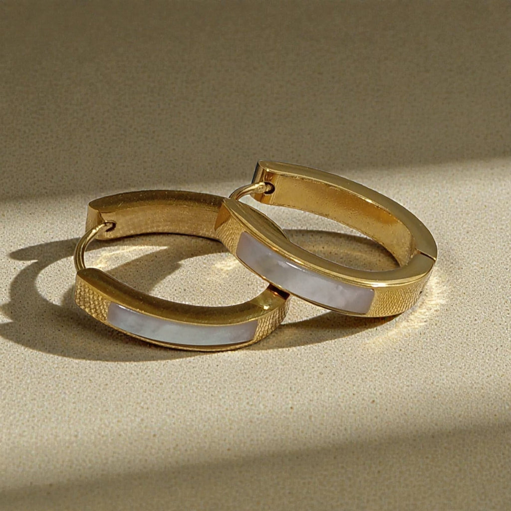 Hoop Earrings with White Inlay - 18K Gold Plated
