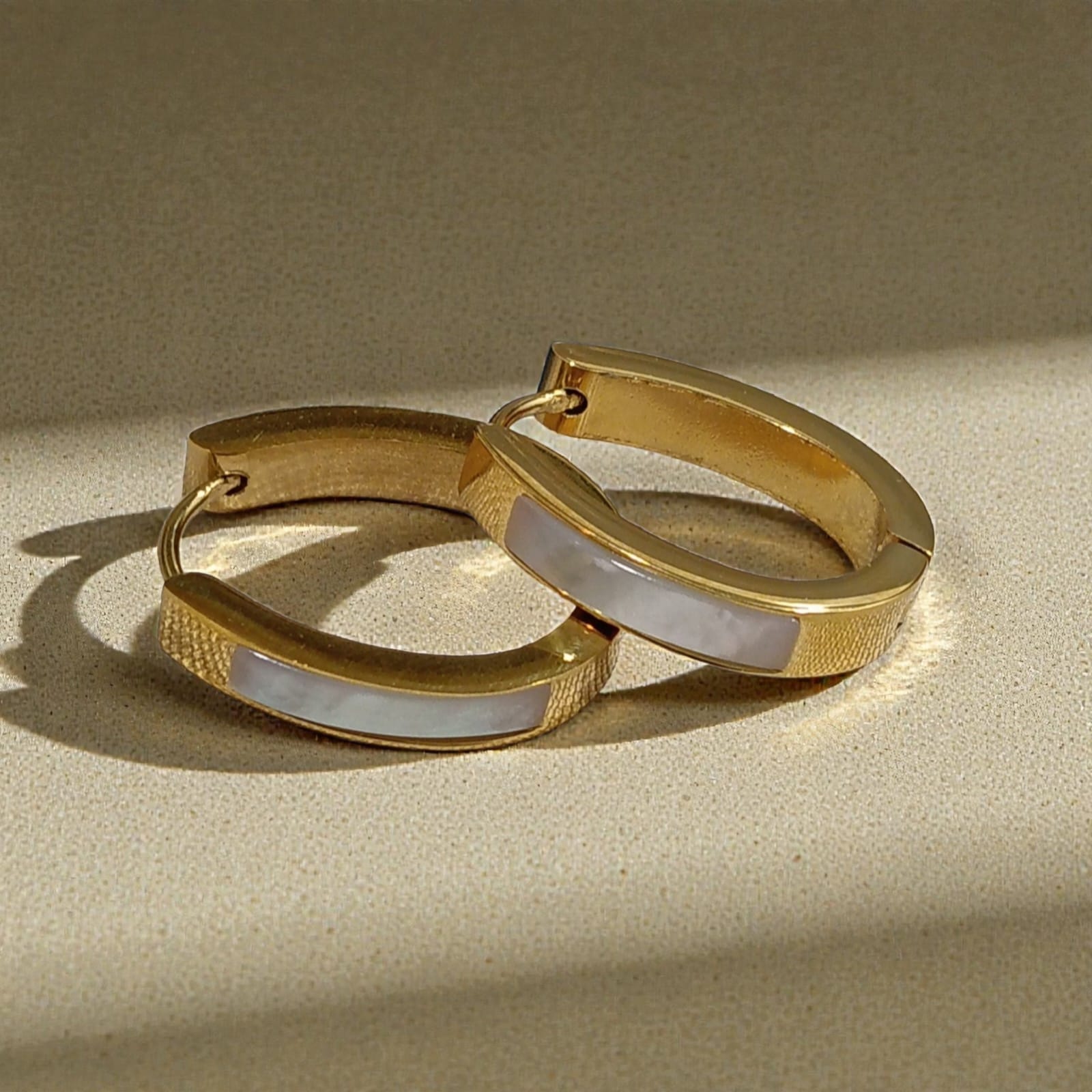 Hoop Earrings with White Inlay - 18K Gold Plated
