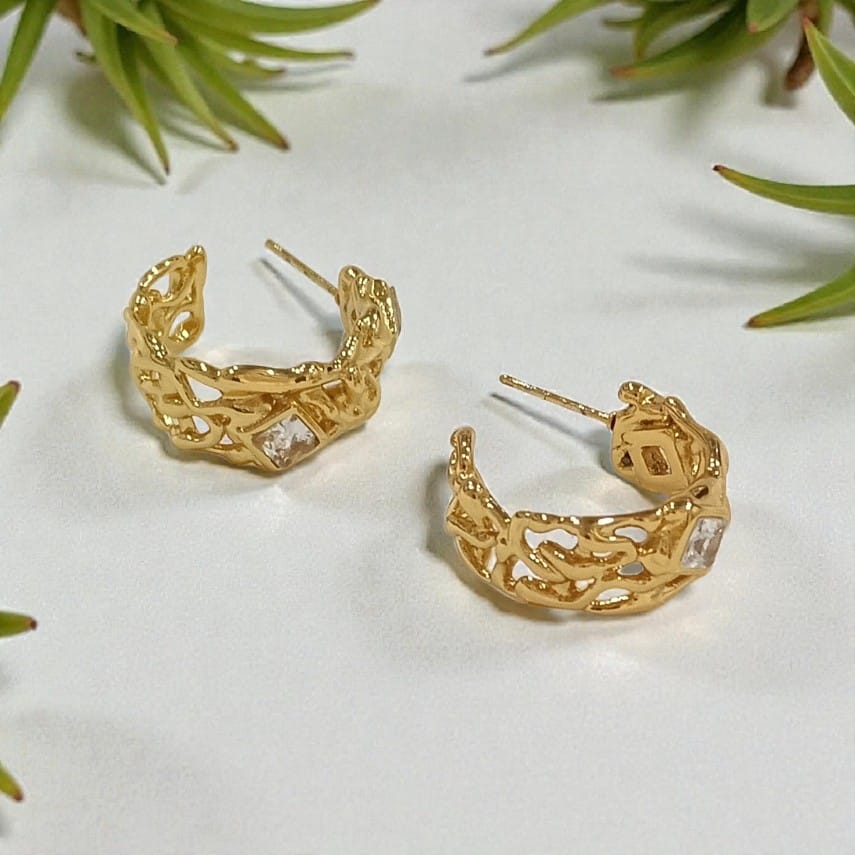 Textured Hoop Earrings with Crystal Accent - 18K Gold Plated