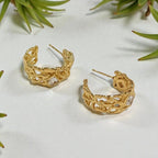 Textured Hoop Earrings with Crystal Accent - 18K Gold Plated