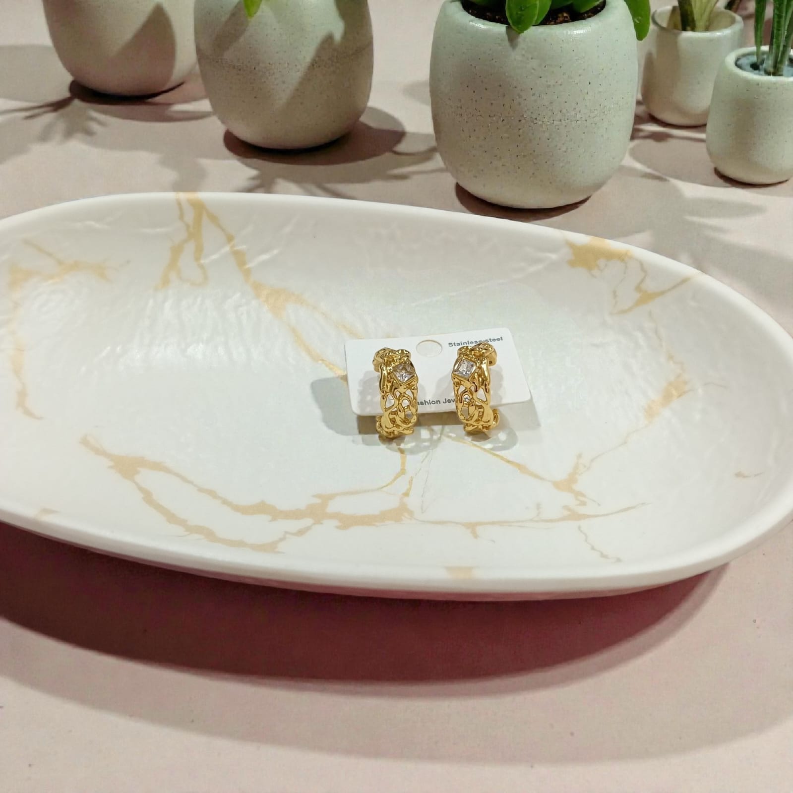 Textured Hoop Earrings with Crystal Accent - 18K Gold Plated