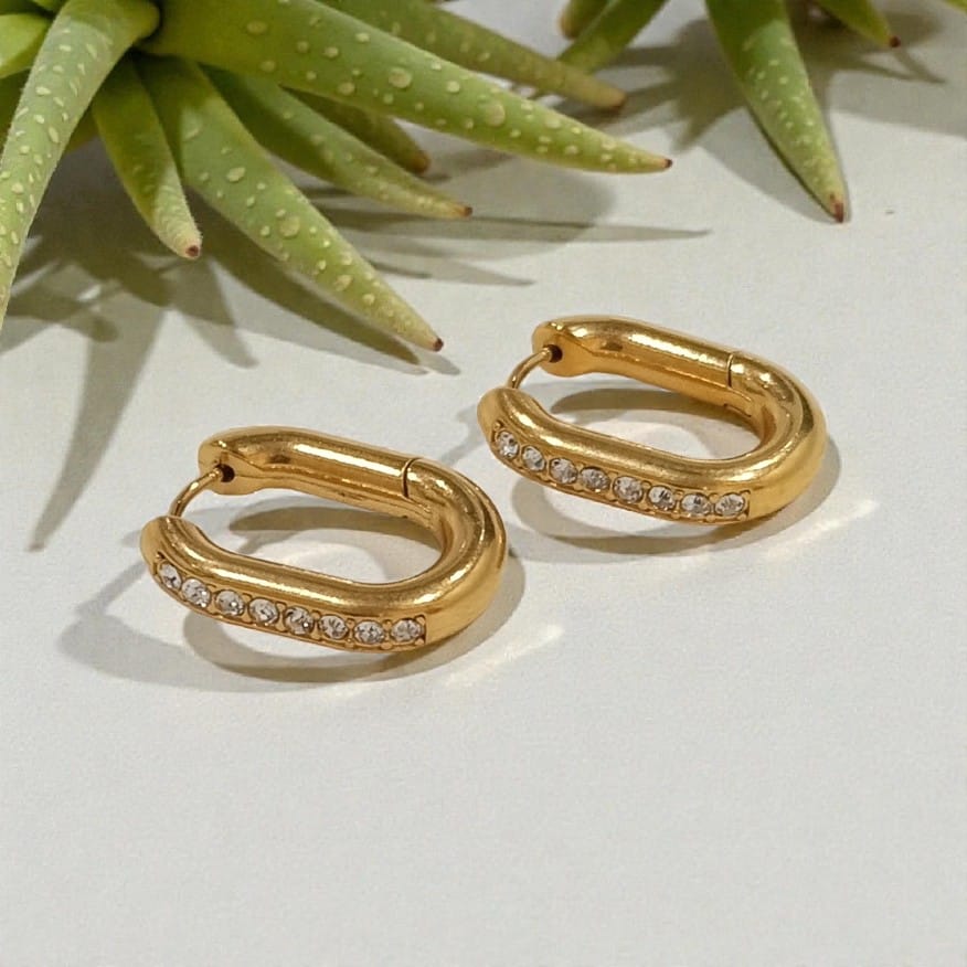Crystal Oval Shape Hoop Earrings - 18K Gold Plated