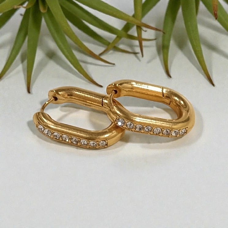Crystal Oval Shape Hoop Earrings - 18K Gold Plated