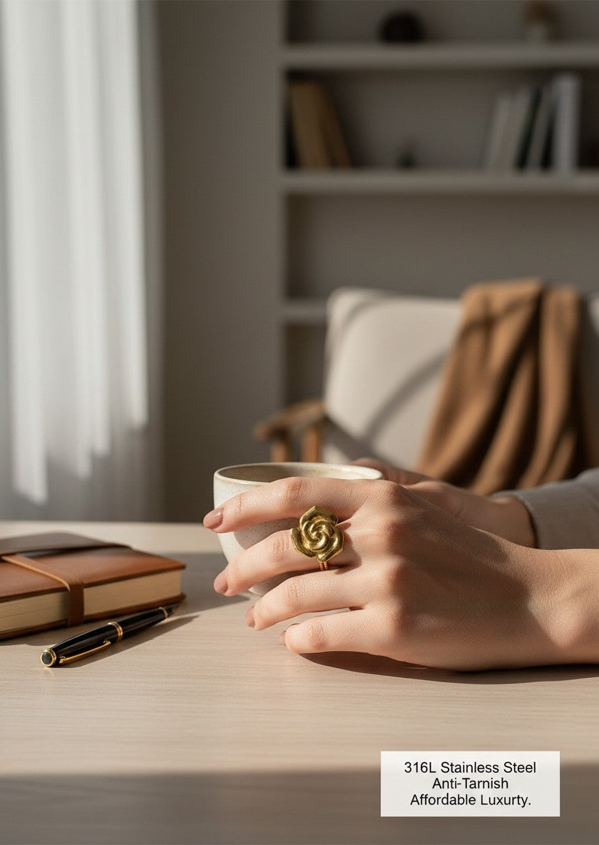 A close-up lifestyle shot of a hand wearing a large, gold-toned rose-shaped ring while holding a white ceramic mug on a light wood desk. In the background, a cozy home office setting features a bookshelf, a notebook, and a pen.
Grishita Jewellery