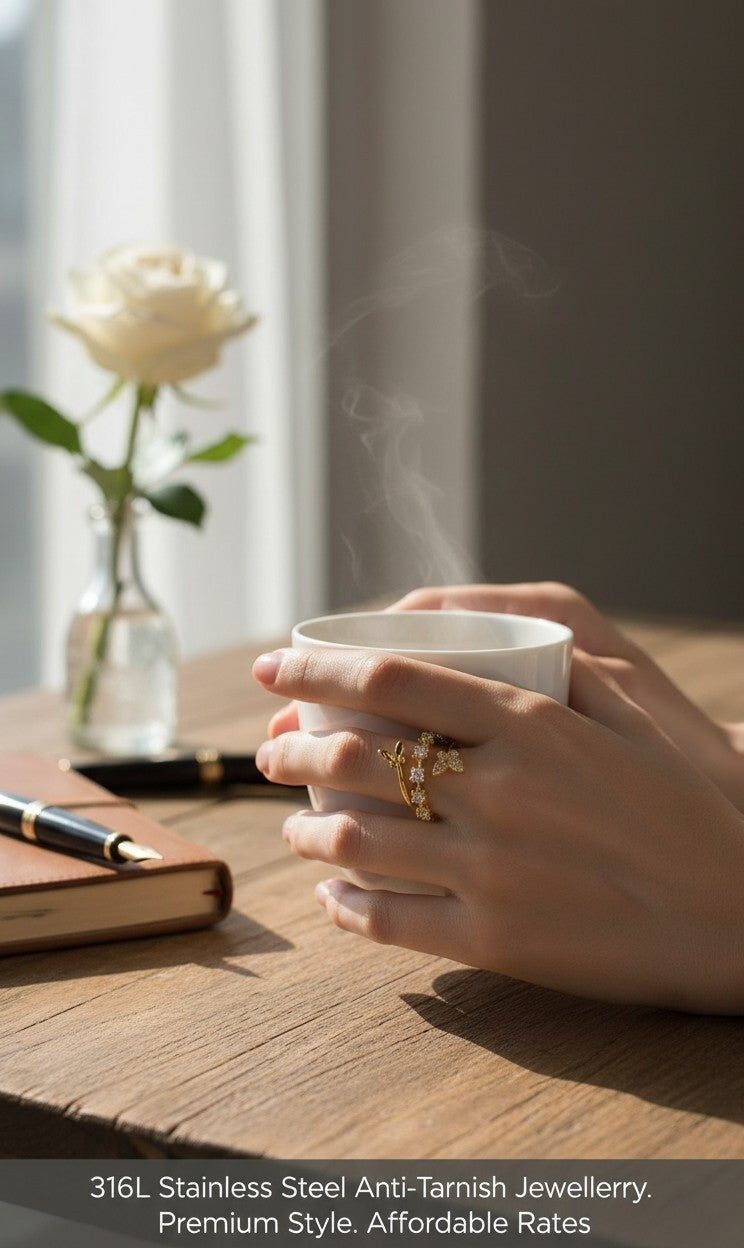 A close-up lifestyle shot of a person's hands holding a steaming white ceramic mug on a wooden table. The person is wearing a gold ring with a floral design.
Grishita Jewellery