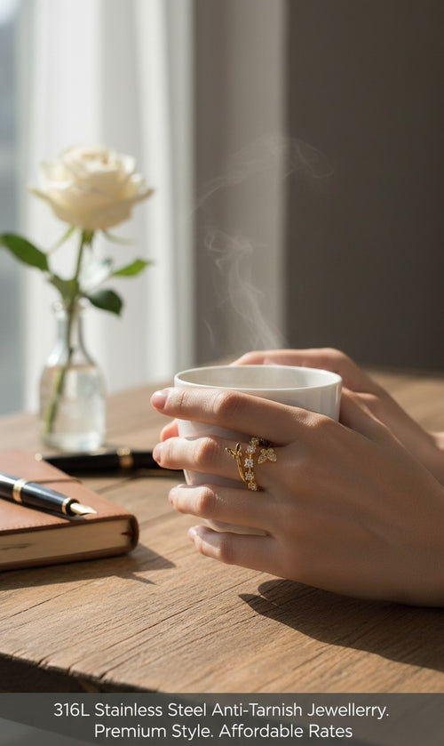 A close-up lifestyle shot of a person's hands holding a steaming white ceramic mug on a wooden table. The person is wearing a gold ring with a floral design.
Grishita Jewellery