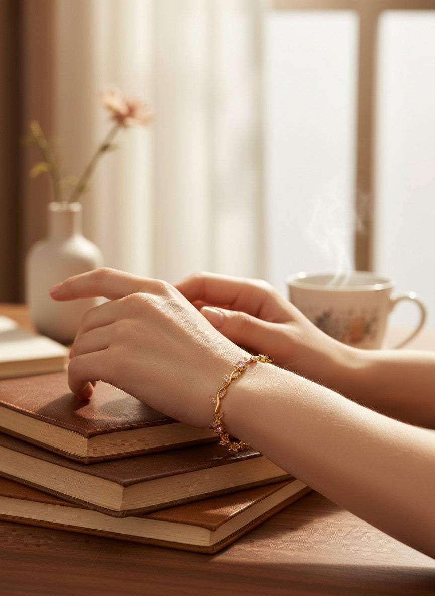 A delicate gold chain bracelet worn on a person's wrist, shown in a warm, cozy indoor setting with hands resting on a stack of books next to a mug and a small vase.
Grishita Jewellery